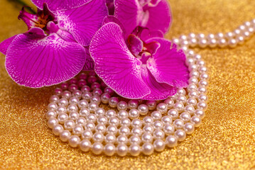 purple Orchid and pearl necklace on a shiny gold background

