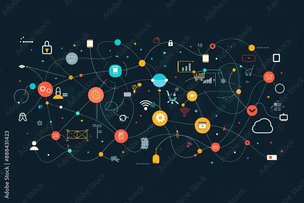 Poster a colorful image of a network of technology icons and symbols