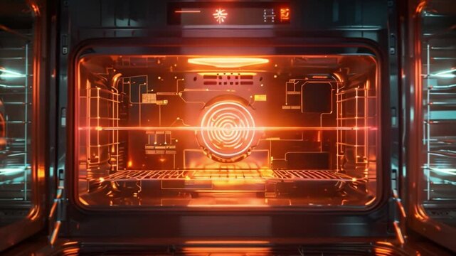 The image shows the interior of an open oven with a glowing heating element.