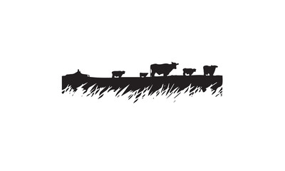 Obraz premium Cattle Angus Cow & Grass silhouette livestock farm black logo design on white background
