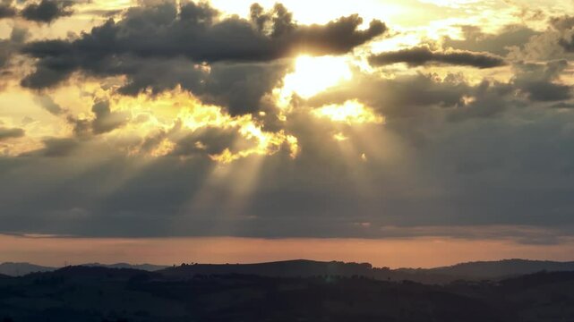 Rays Of Sun At Sunset Landscape Mountains Brazil. Captivating Aerial View Of Plantations Forming Geometric Patterns. Sunset Exotic Outdoor Farmer Stunning. Farmer Bosk Nature.