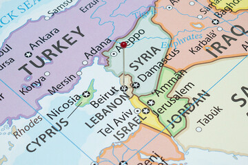 Close up to a Beirut city with a red pin needle into Lebanon country political map 