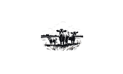 Cattle Angus Cow & Grass silhouette livestock farm black logo design on white background
