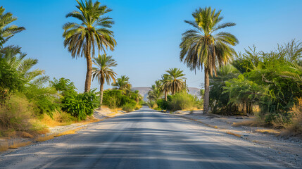 Fototapeta premium A road with palm trees on both sides