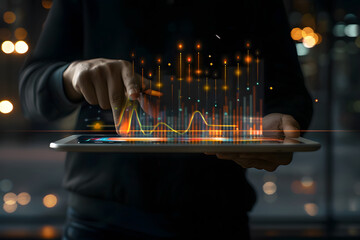 Business man holding a digital tablet to analyze the stock market graphs and charts
