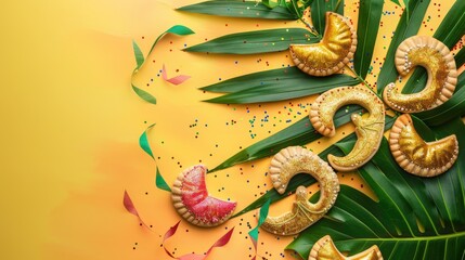 Celebratory background with masks cookies on leaf Purim theme with hamantaschen