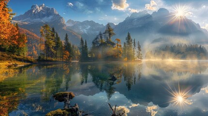 Naklejka premium Misty Morning Sunrise over Alpine Lake