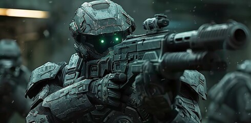 Fototapeta premium Futuristic Soldier Aiming Weapon in Urban Environment
