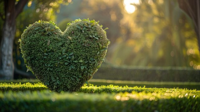 Heart-shaped bush in sunlit garden with lush greenery