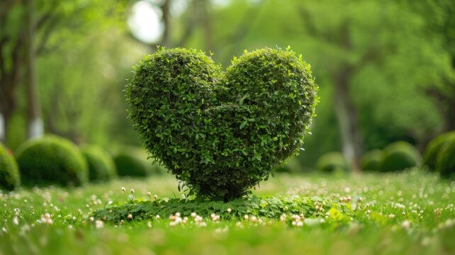 Heart-shaped topiary in lush green park with flowers