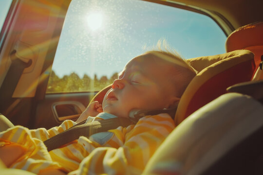 Little kid sleeping in baby car seat inside locked car. Newborn child is left alone in car on a hot summer day. Negligence, irresponsibility, overheating concept
