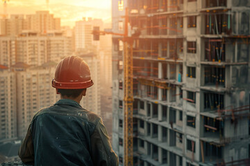 A construction worker wearing a hard hat stands on a building site, generative ai image.