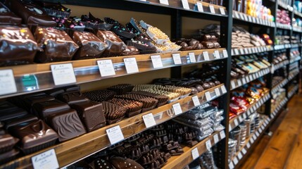 Fototapeta premium Shelves are lined with a variety of gourmet chocolates