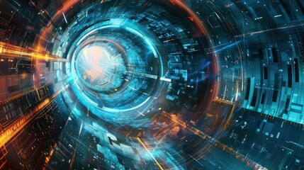 Obraz premium Abstract digital tunnel with glowing lights, futuristic technology concept. Perfect for backgrounds, wallpapers and digital art.