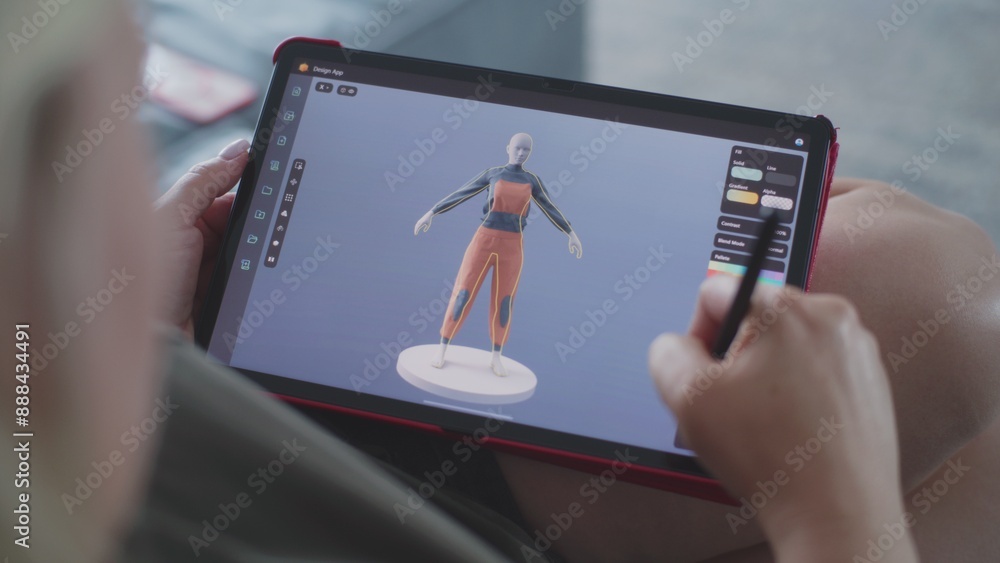 Poster caucasian woman creates model in 3d modeling design app using tablet computer and digital pen. adult