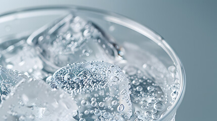 A cup of ice water with ice cubes in it