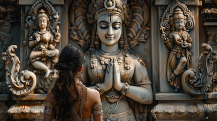 Obraz premium Woman with Lord Krishna statue portrait.