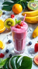 A vibrant pink smoothie in a tall glass surrounded by fresh fruits including kiwi, banana, orange, blueberries, and strawberries.