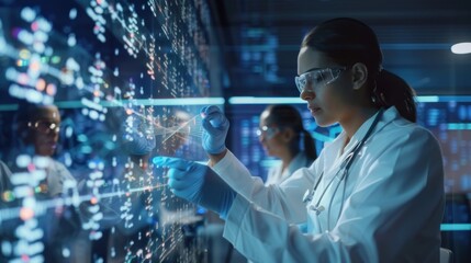 Diverse team of scientists analyzing data on a transparent digital screen in a futuristic laboratory. Concepts. science, technology, research, innovation, and discovery.