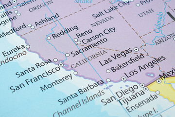 Fototapeta premium Macro photography of California state of United States of america political map with most important cities and frontiers