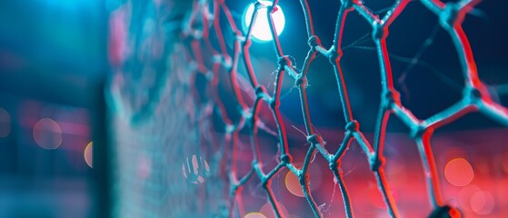 Shot of handball goal net with blurred bokeh lights in the background, illuminated in vibrant blue and red hue. Sports betting banner
