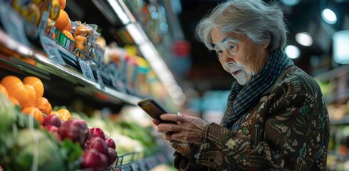 Elderly Woman Using Smartphone While Shopping for Produce in Grocery Store