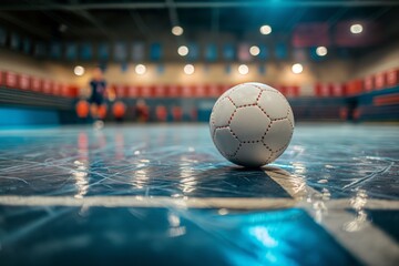 White ball rests on the blue floor of an indoor handball court. The ball is in focus, while the background is blurred and shows the players on the court and spectators in the stands