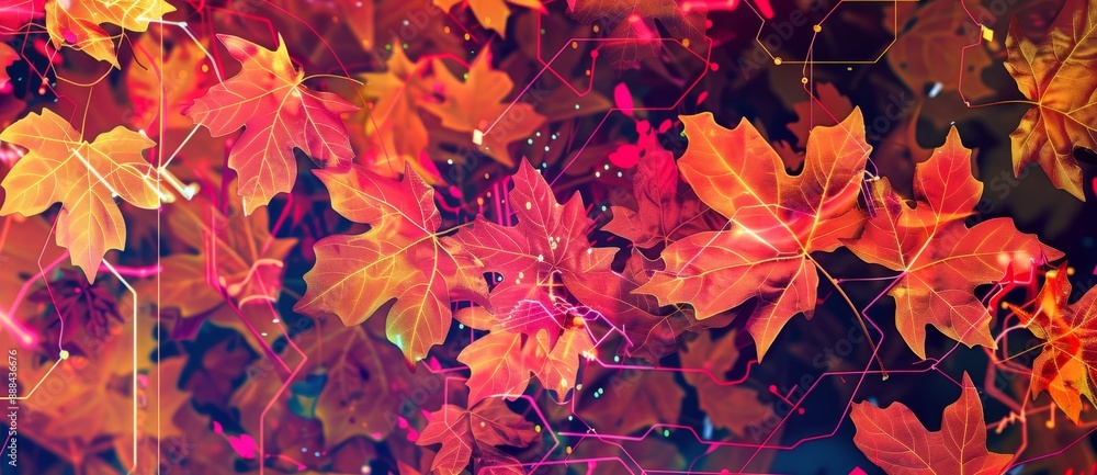 Poster abstract background showing colorful autumn leaves with a technological network highlighting the con