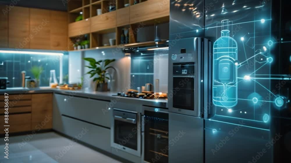 Poster smart kitchen with connected appliances, including a fridge linked to the internet. it can monitor a