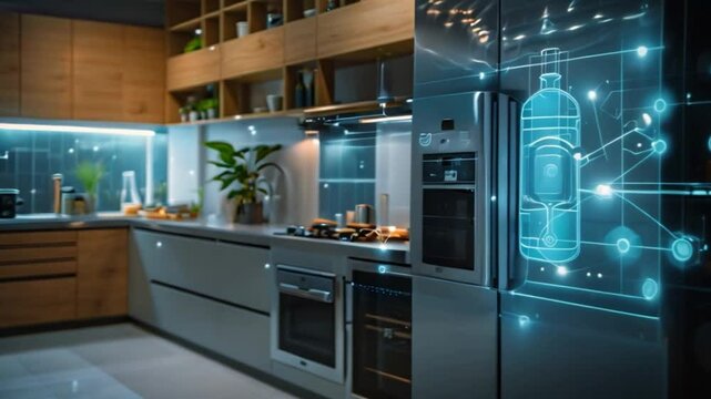 Smart kitchen with connected appliances, including a fridge linked to the internet. It can monitor and control home features like lighting and security.