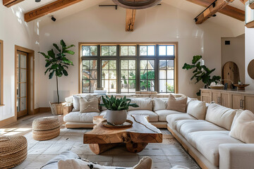 A living room with a white couch, a coffee table, and a potted plant, generative ai image.