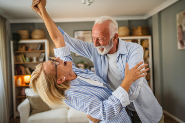 Senior active couple husband and wife dance and enjoy together at home