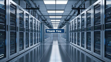 Network of server racks in data center with message display