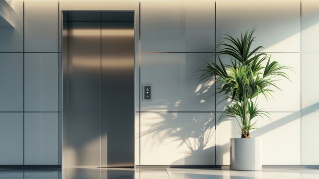 Modern elevator with sleek design next to potted plant in well-lit hallway