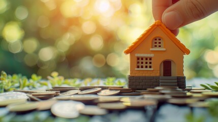 Hand placing miniature house on stack of coins with blurred background