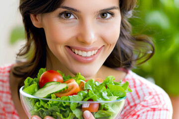 Smiling Woman Enjoying Fresh Vegetable Salad