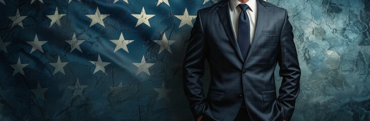 Businessman Standing Before American Flag Abstract
