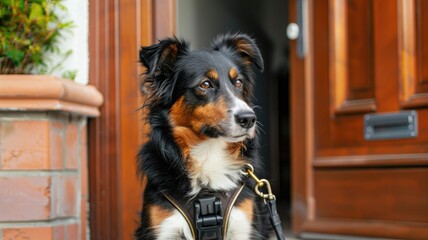 Tri-colored dog with black, brown, and white fur, wearing harness, sits by wooden door