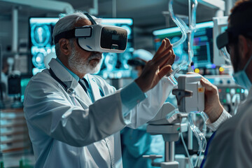 A man wearing a white lab coat is wearing a virtual reality headset, generative ai image.