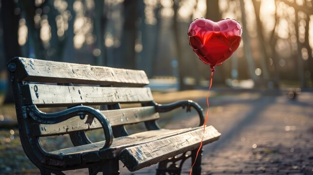 Red heart-shaped balloon tied to wooden bench in park at sunset - Powered by Adobe