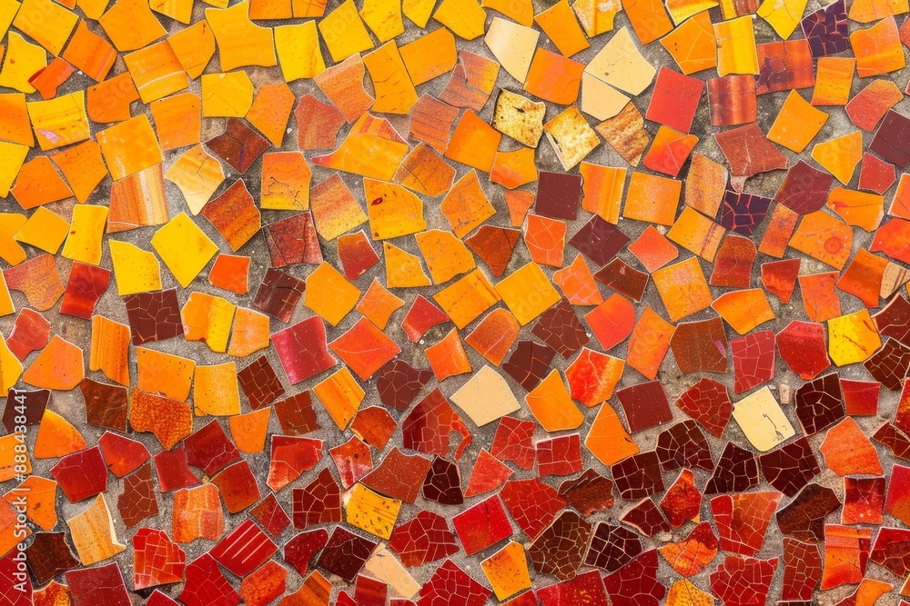 Poster colorful mosaic is made with orange and red tiles, creating a warm and vibrant visual effect suitabl