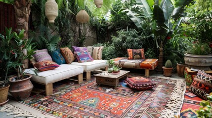 Fototapeta premium bohemian atmosphere with rugs, colorful cushions and potted plants around the sofa and table. generative ai