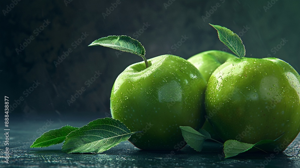 Wall mural ripe green apples with fresh leaves