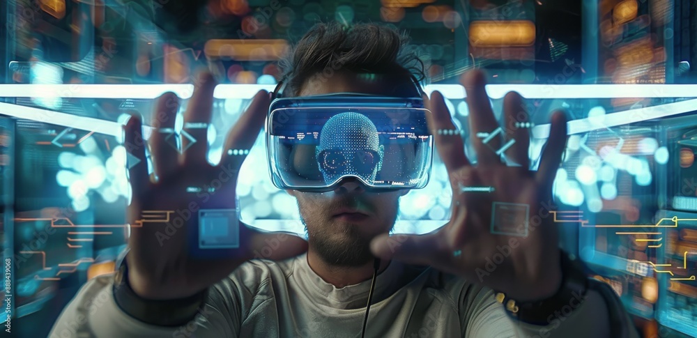Poster man wearing virtual reality headset in front of computer screens