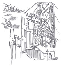 Hand-drawn illustration of urban landscape with buildings and constructions.
