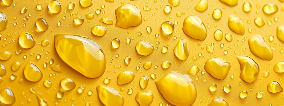 Condensation water or beer drops on a yellow glass texture background. Champagne or oil droplets, pure juice blobs .Top view