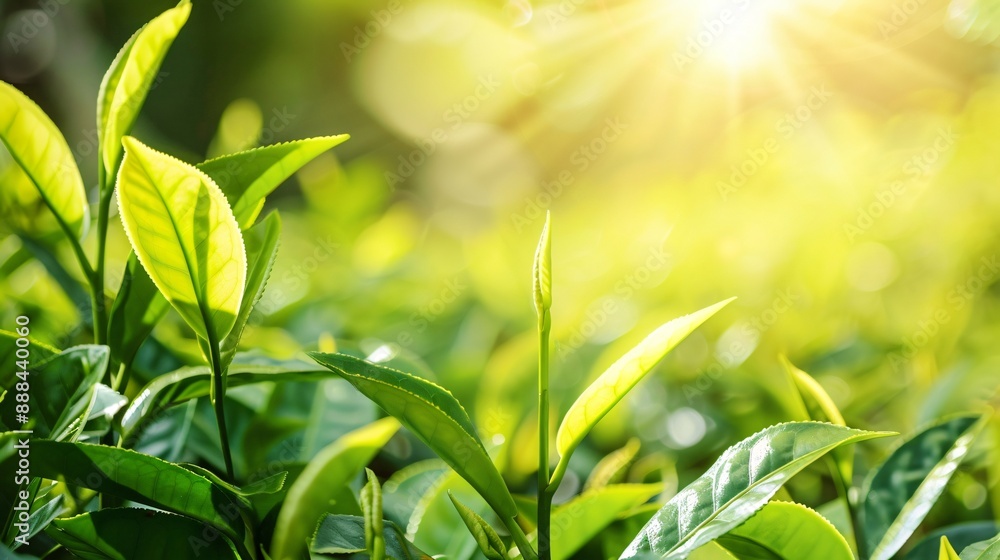 Wall mural Green tea leaves on a tea plantation, natural landscape, Close-up background