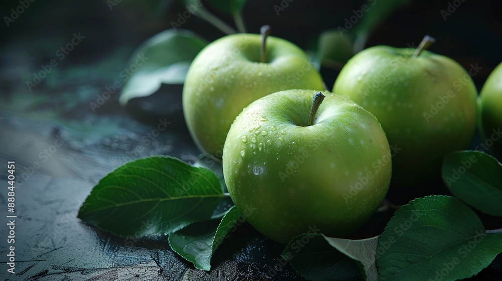 Wall mural Tasty green apples adorned with leaves