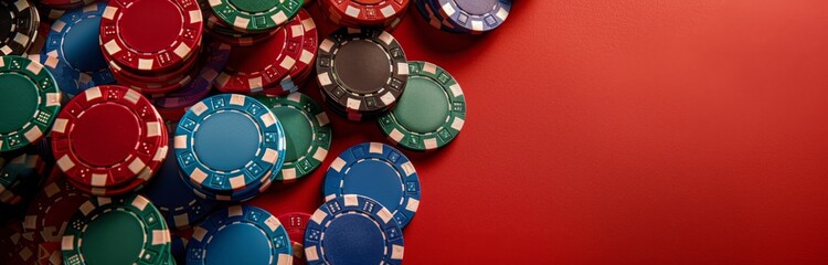 Red And Blue Casino Chips On Red Felt Table With Glitter