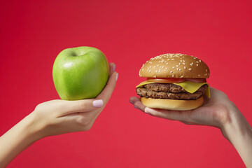 One hand holding green apple, other holding hamburger, healthy vs unhealthy food choice, red background with copy space